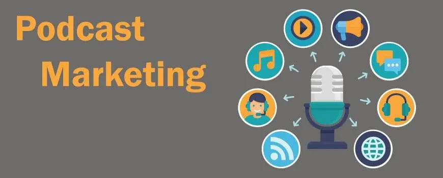 Illustration of podcast marketing. A central microphone is surrounded by icons representing audio, music, sharing, communication, RSS feed, and a globe. "Podcast Marketing" text is on the left.