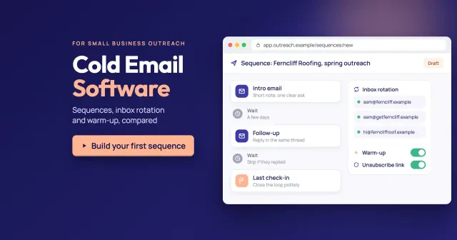 Cold email software: a sequence builder with intro email, waits and follow-ups beside inbox rotation, warm-up and unsubscribe switches, with a Build your first sequence button