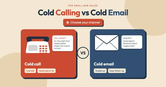 Cold calling vs cold email: a desk phone with a call script card faces an envelope with a subject line across a VS disc, with a Choose your channel button