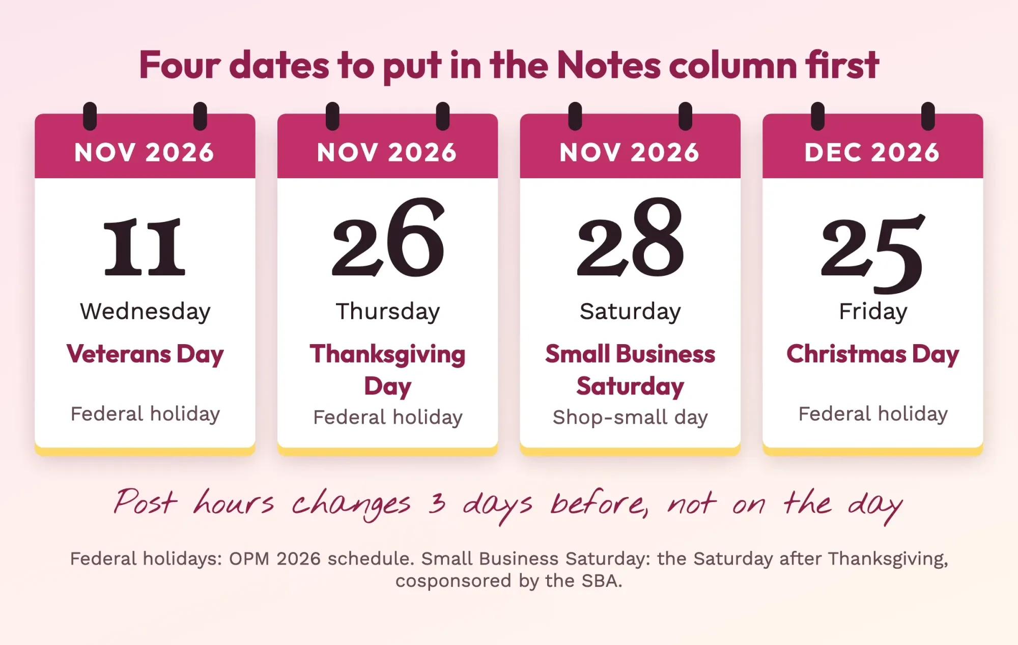 Four tear-off calendar pages: Veterans Day November 11, Thanksgiving November 26, Small Business Saturday November 28, Christmas December 25