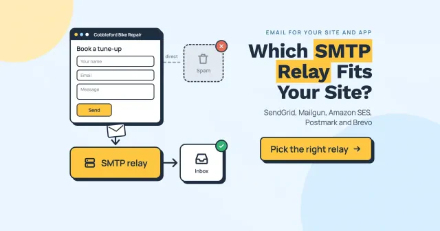SMTP relay service: a contact form drops an envelope into a relay that delivers it to the inbox while the direct route ends in spam, with a Pick the right relay button