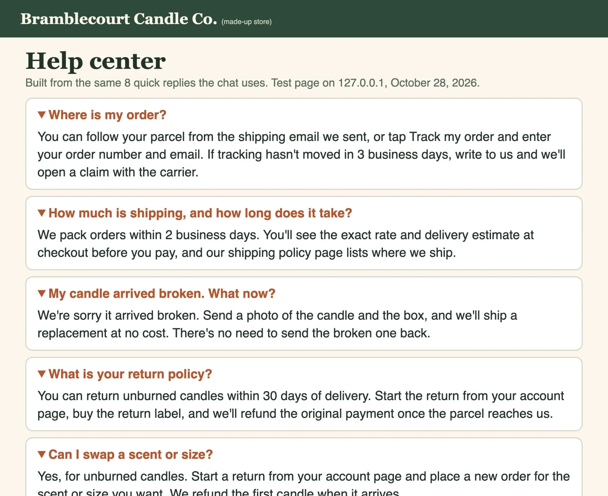 A help center page for a made-up candle store listing questions on order tracking, shipping, broken candles and returns, each with a short answer
