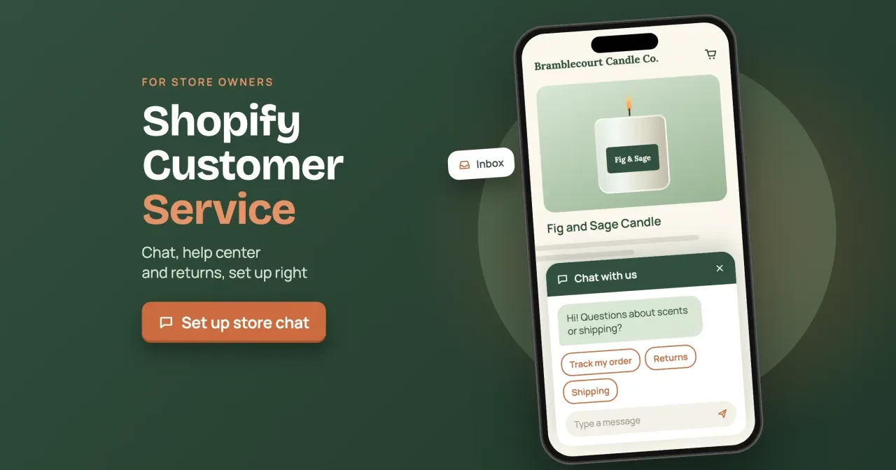 Shopify customer service: a phone store page with an open chat panel and quick replies for order tracking, returns and shipping, with a Set up store chat button