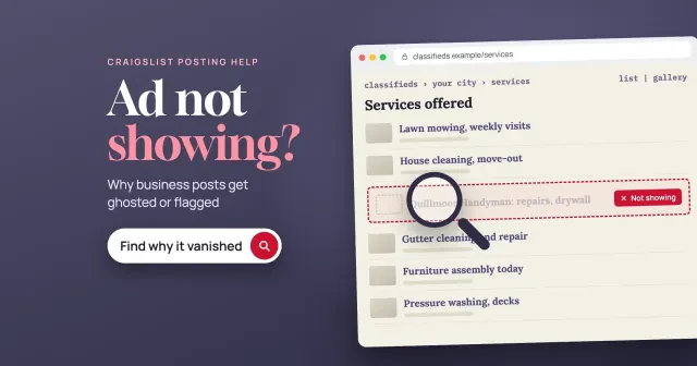 Craigslist ad not showing: a classifieds services list with a faded dashed row tagged Not showing under a magnifier, and a Find why it vanished button