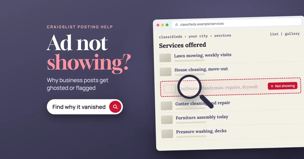 Craigslist ad not showing: a classifieds services list with a faded dashed row tagged Not showing under a magnifier, and a Find why it vanished button