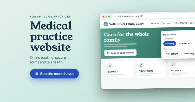 Medical practice website mock-up for a made-up family clinic with a Book online widget and Telehealth, Patient forms and Insurance tiles