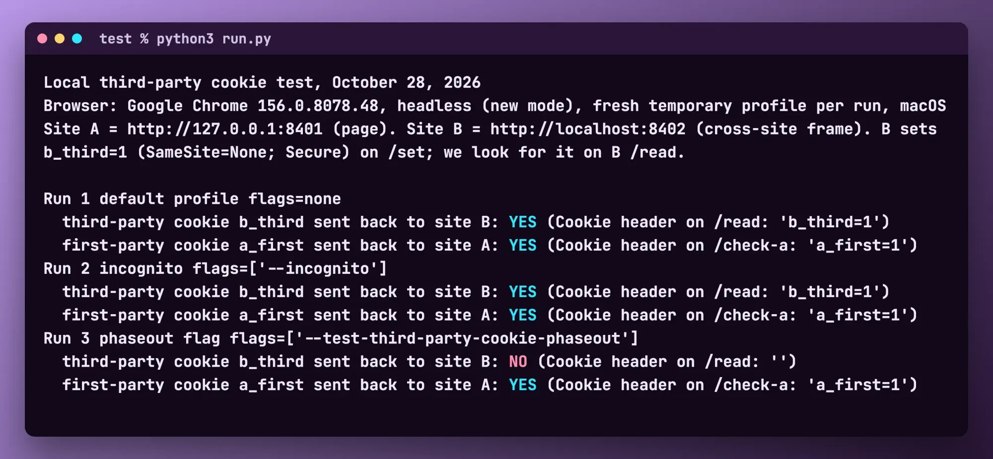 Terminal output of our three-run Chrome cookie test showing which cookies came back in each run
