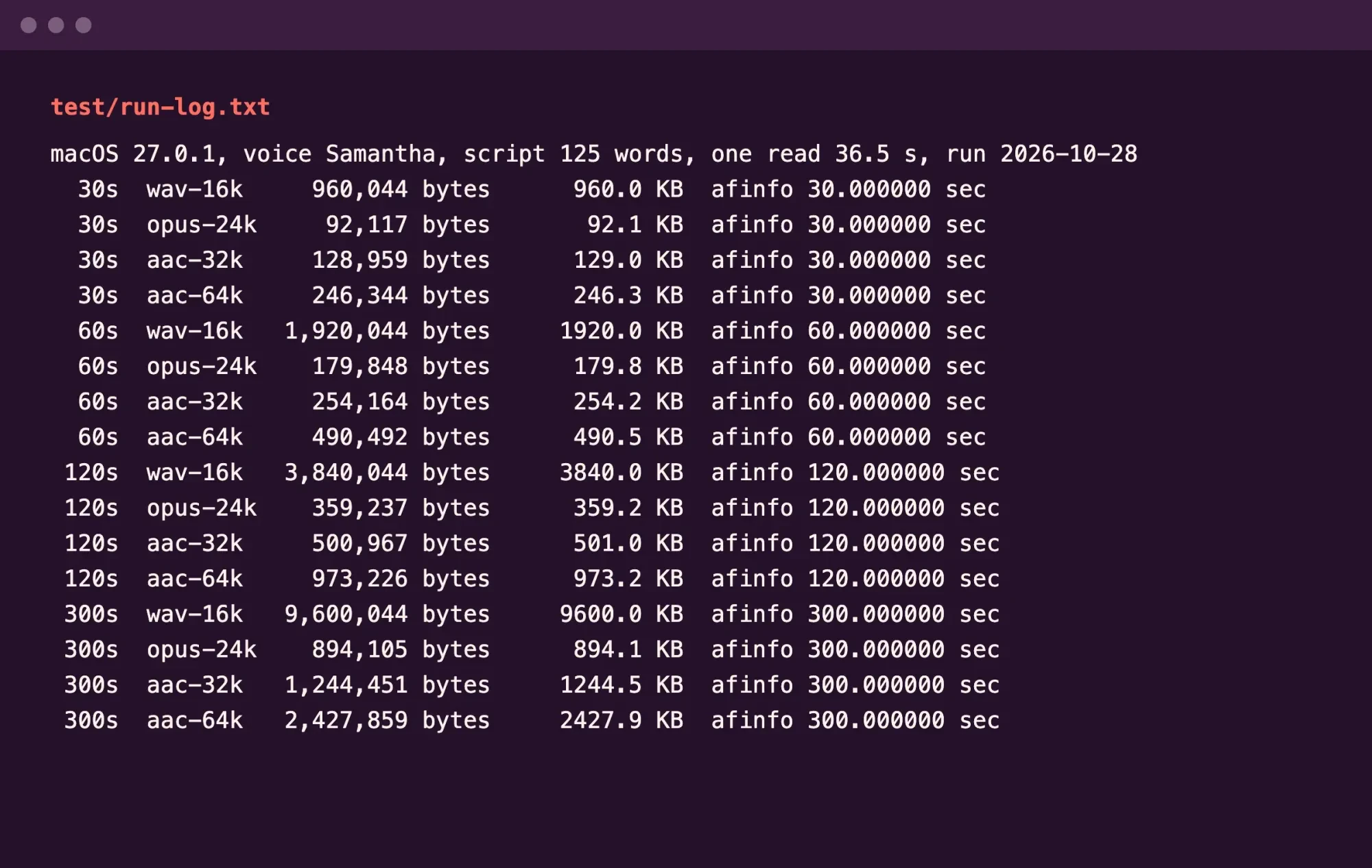 Run log of the local voice note test listing 16 files by length and format with their byte counts