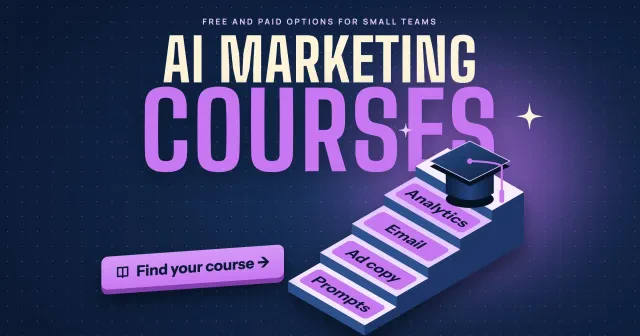 AI marketing courses shown as isometric lesson steps for prompts, ad copy, email and analytics rising to a graduation cap