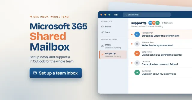 Microsoft 365 shared mailbox: info@ and support@ under Shared with me in a mail app, three teammates on one inbox, Set up a team inbox button