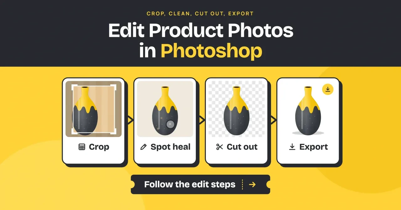 Four steps to edit product photos in Photoshop, crop, spot heal, cut out and export, shown on one made-up ceramic vase with a Follow the edit steps button