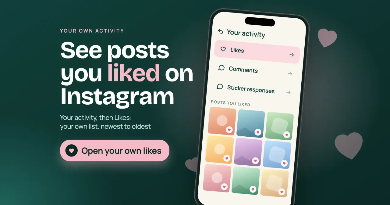 See posts you liked on Instagram: a drawn phone with a Your activity panel listing Likes, Comments and Sticker responses above a grid of liked posts, and an Open your own likes button