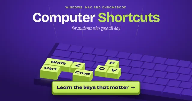 Computer shortcuts for students who type all day: a 3D keyboard with the Shift, Ctrl, Cmd, Z, C, V and F keys raised in lime green, and a Learn the keys that matter button