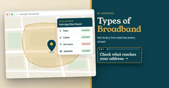 Types of broadband for a small business: a coverage map pin on a made-up bike shop with fiber, cable and satellite available and 5G home not here