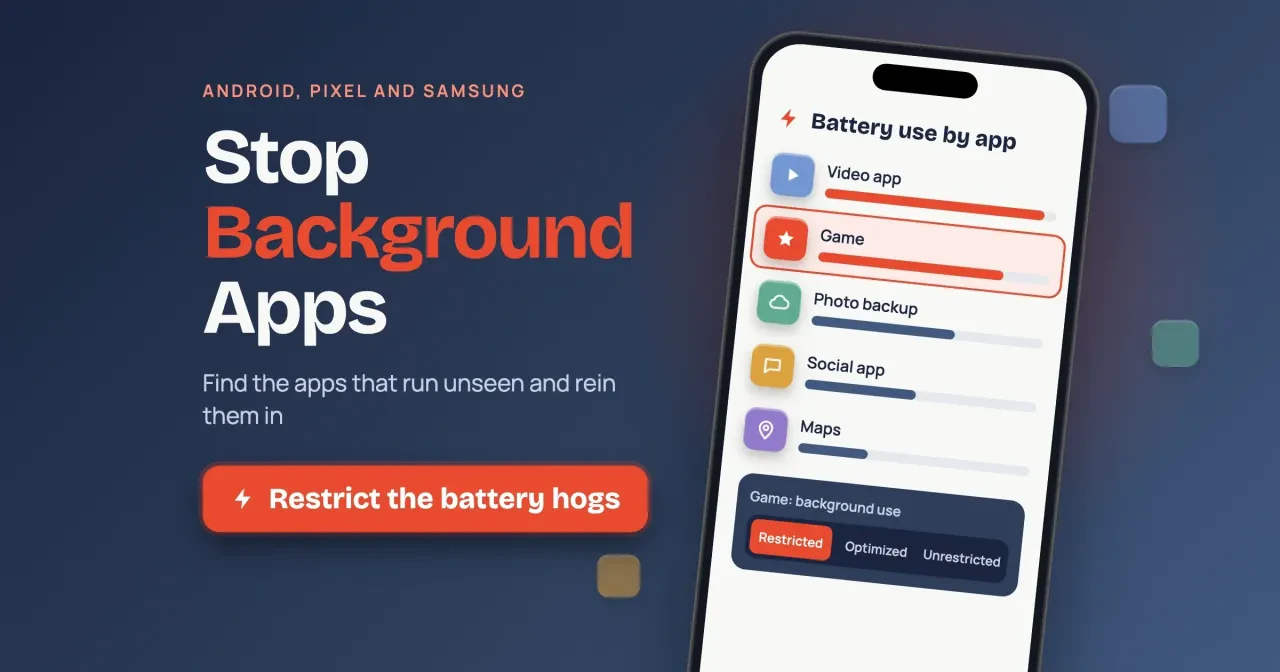 Stop background apps on Android: a drawn phone lists battery use by app, with the Game row set to Restricted instead of Optimized or Unrestricted, beside a Restrict the battery hogs button