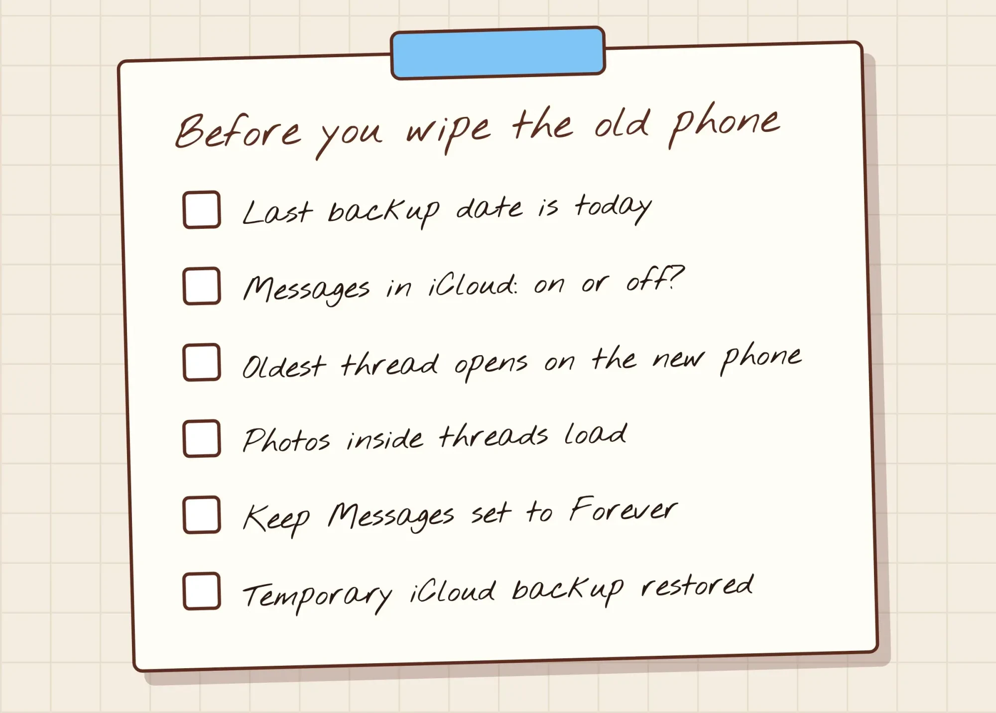Handwritten checklist on a clipboard card listing six checks before you wipe the old phone, from the last backup date to the temporary backup