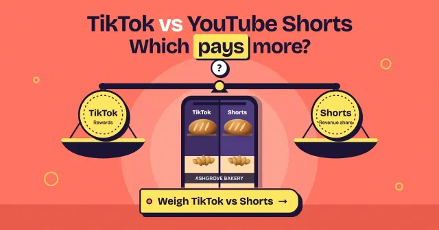 TikTok vs YouTube Shorts pay: one phone split into TikTok and Shorts halves of a made-up bakery clip on a balance weighing Rewards against Revenue share