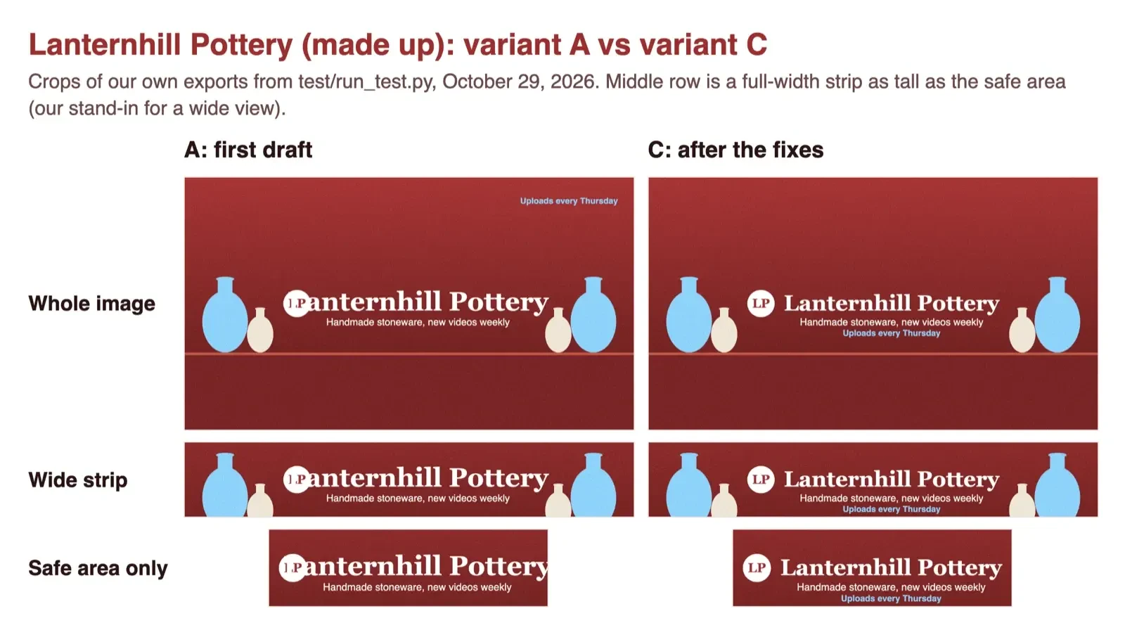 Two versions of a made-up pottery banner shown whole, as a wide strip and as the safe area only; the first draft cuts the channel name
