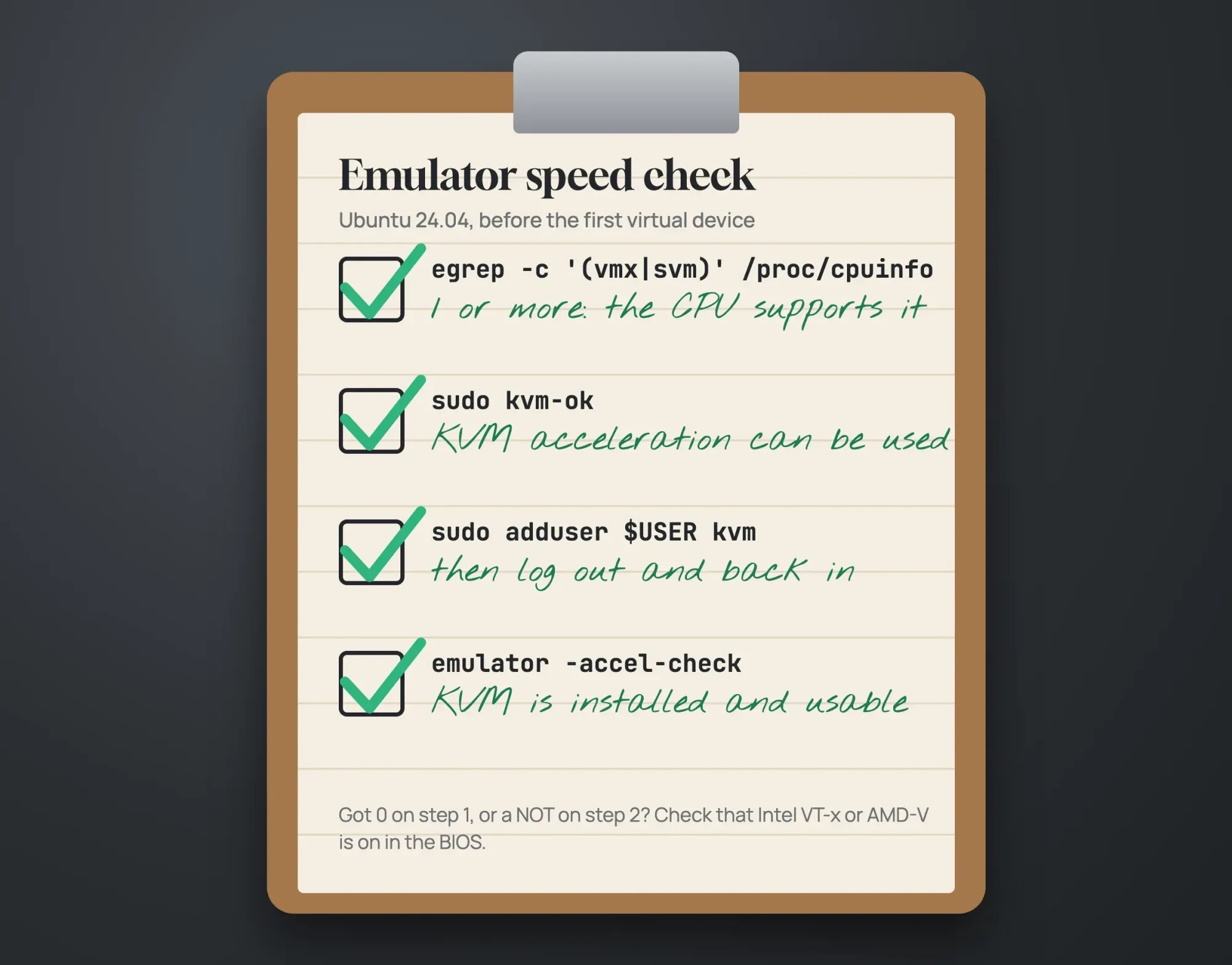 Clipboard checklist for the Android emulator on Ubuntu: CPU flag count, kvm-ok, the kvm group, and the accel-check result