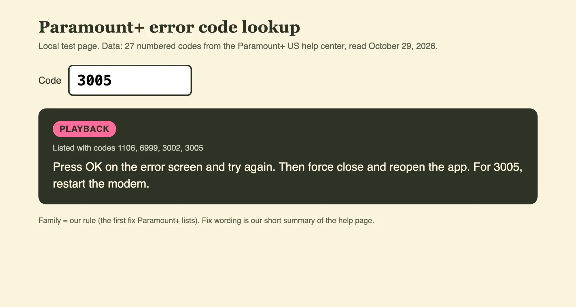 Local lookup page with code 3005 entered, showing the Playback family and the fix: press OK, force close the app, restart the modem