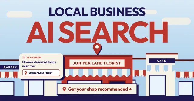 Flat illustration of a main street where an AI answer bubble for Flowers delivered today near me picks the made-up Juniper Lane Florist, under LOCAL BUSINESS AI SEARCH, with a Get your shop recommended button