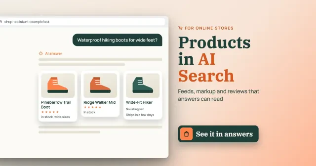 Drawn AI answer for Waterproof hiking boots for wide feet with three made-up boot cards, two rated and Wide-Fit Hiker with no rating yet, beside Products in AI Search and a See it in answers button