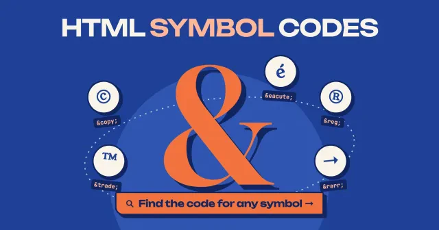 HTML symbol codes: a large ampersand circled by symbol coins for copyright, trademark, registered, an arrow and an accented e, each tagged with its named code, above a Find the code for any symbol button
