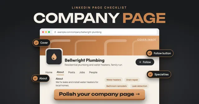 Giant COMPANY PAGE heading over a drawn LinkedIn page for the made-up Bellwright Plumbing, tick pins on Cover, About, Follow button and Specialties, and a Polish your company page button