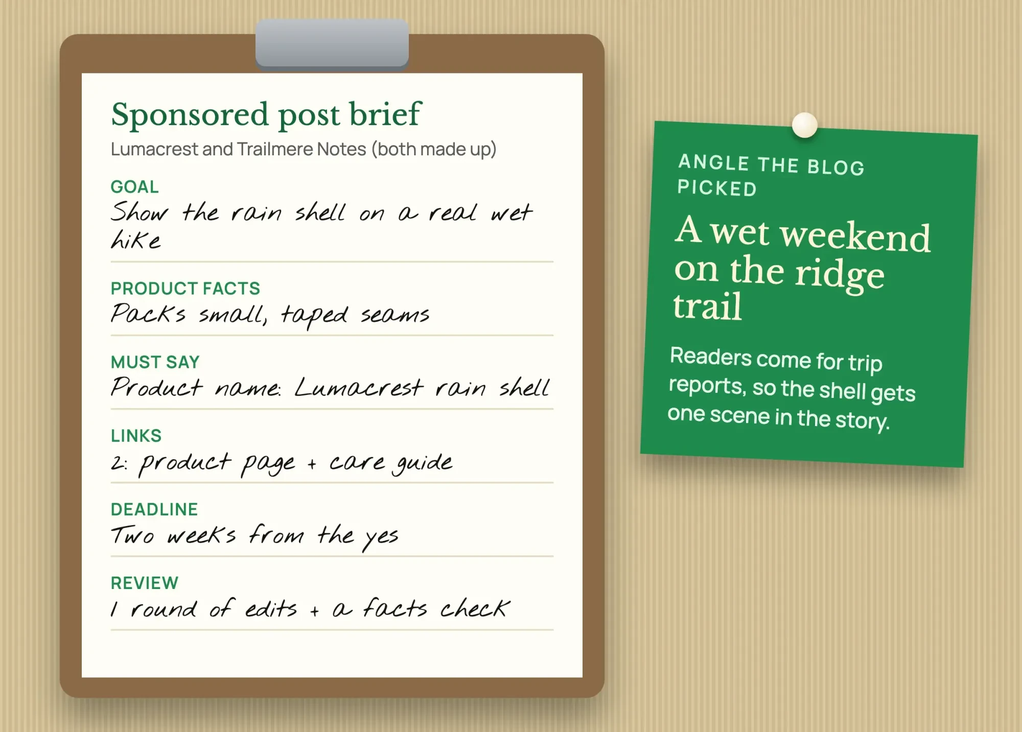 Filled-in brief card for a made-up sponsored post with goal, product facts, must-say claim, two links, deadline and one review round, next to the chosen angle
