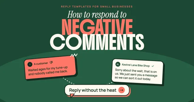 How to respond to negative comments: a complaint about a slow tune-up threaded to a calm reply from the made-up Kestrel Lane Bike Shop, with a Reply without the heat button
