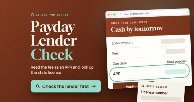 Payday lender check: a drawn short-term loan offer with loan amount, fee, due date and a highlighted APR row beside a state license number card, with a Check the lender first button