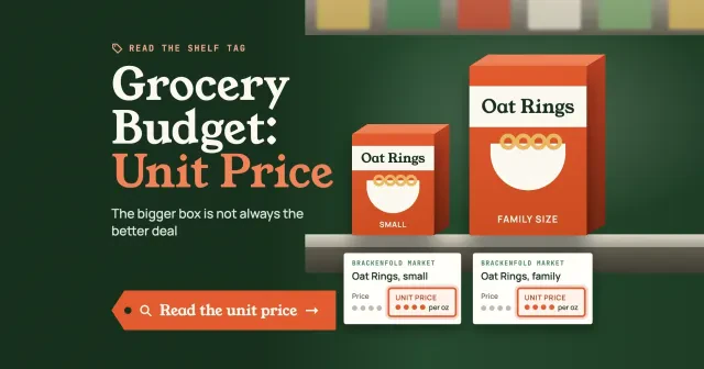 Grocery budget unit price: small and family-size Oat Rings boxes on a shelf, with Brackenfold Market tags marking the unit price per oz