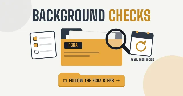 Employer background check rules: flat Background Checks title over an FCRA folder, a magnifier, a calendar and a Follow the FCRA steps button