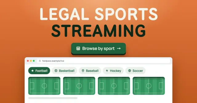 StreamEast alternatives: Legal Sports Streaming in large type over a drawn browser with sport chips for football, basketball, baseball, hockey and soccer, with a Browse by sport button