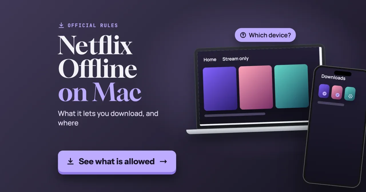 Download Netflix on Mac: a Netflix Offline on Mac title beside a drawn laptop app marked Stream only and a phone with ticked downloaded tiles, with a See what is allowed button