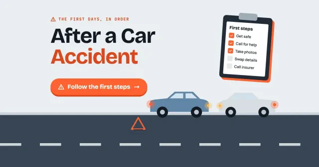 What to do after a car accident: two cars stopped on a road with a warning triangle, a First steps checklist and a Follow the first steps button