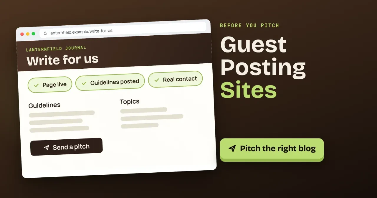 Guest posting sites in 2026: a drawn Write for us page for an invented blog with Page live, Guidelines posted and Real contact ticks, beside a Pitch the right blog button