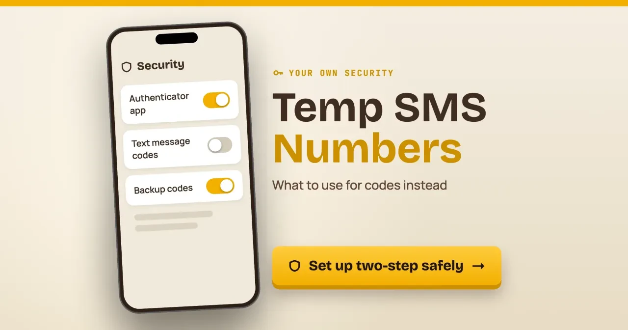 Temporary phone number for SMS: a drawn phone Security screen with Authenticator app and Backup codes switched on and Text message codes off, with a Set up two-step safely button
