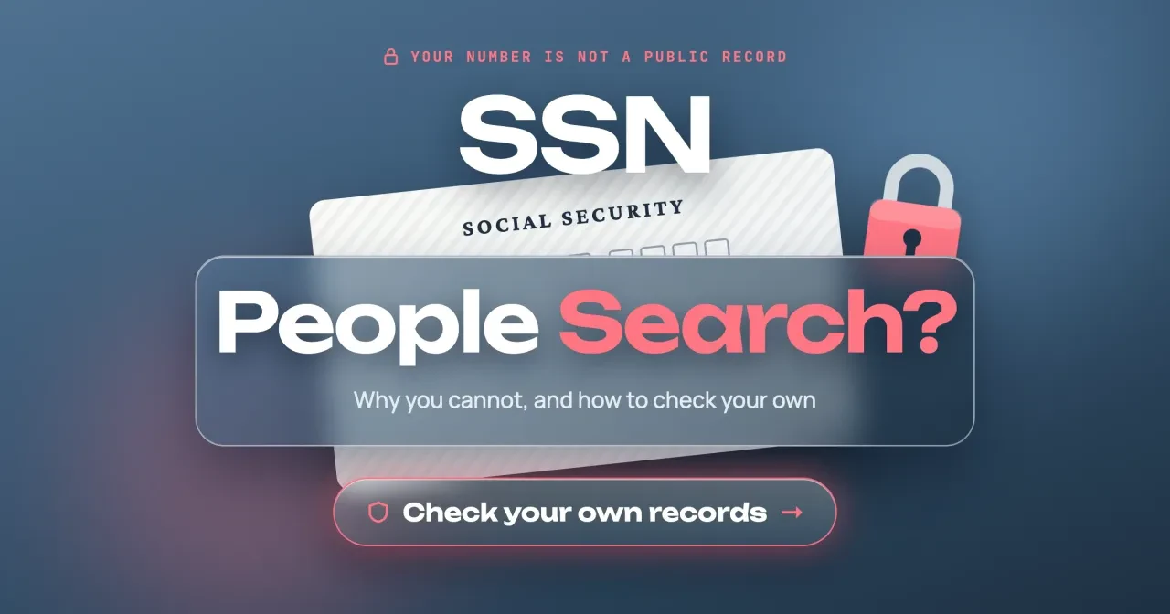 SSN people search question over a blank Social Security style card and a padlock, with a Check your own records button