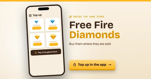 Free Fire diamonds: a drawn phone game store Top up screen with diamond packs and a Pay in the game store bar, beside a Top up in the app button
