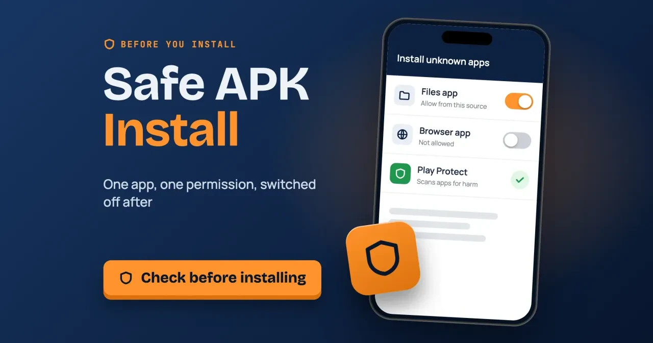 APK download on Android: a Safe APK Install title beside a drawn Install unknown apps screen with one app allowed from this source, a browser not allowed and Play Protect on, with a Check before installing button