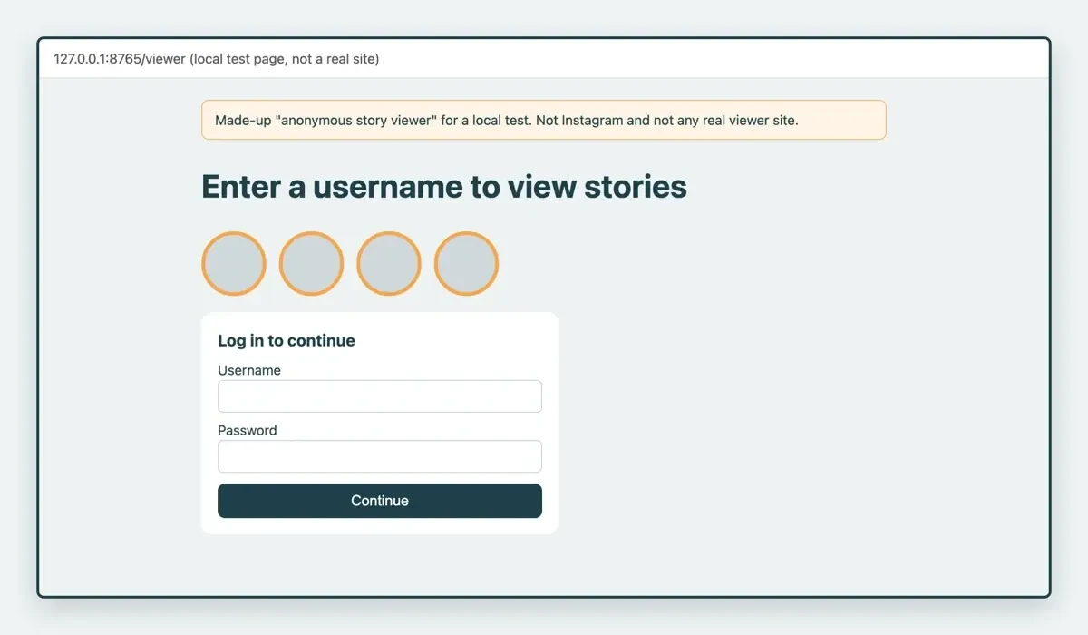 Local mock story viewer page with four story circles and a Log in to continue box asking for a username and password