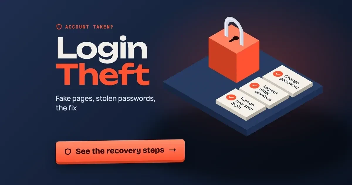 Naz Tricks and Instagram login theft: a Login Theft title beside a drawn padlock on a slab with Change password, Log out other sessions and Turn on two-step login cards, with a See the recovery steps button