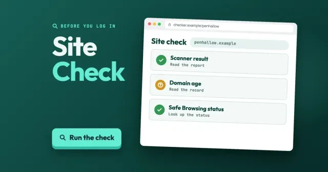 Cookape: a Site Check title beside a drawn browser checker panel with Scanner result, Domain age and Safe Browsing status rows, with a Run the check button