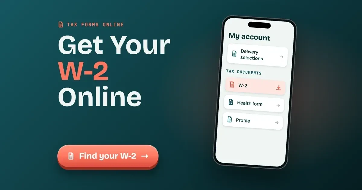 Walmart W2 guide: a drawn phone screen titled My account with Delivery selections and a highlighted W-2 row under Tax documents, beside the headline Get Your W-2 Online and a Find your W-2 button