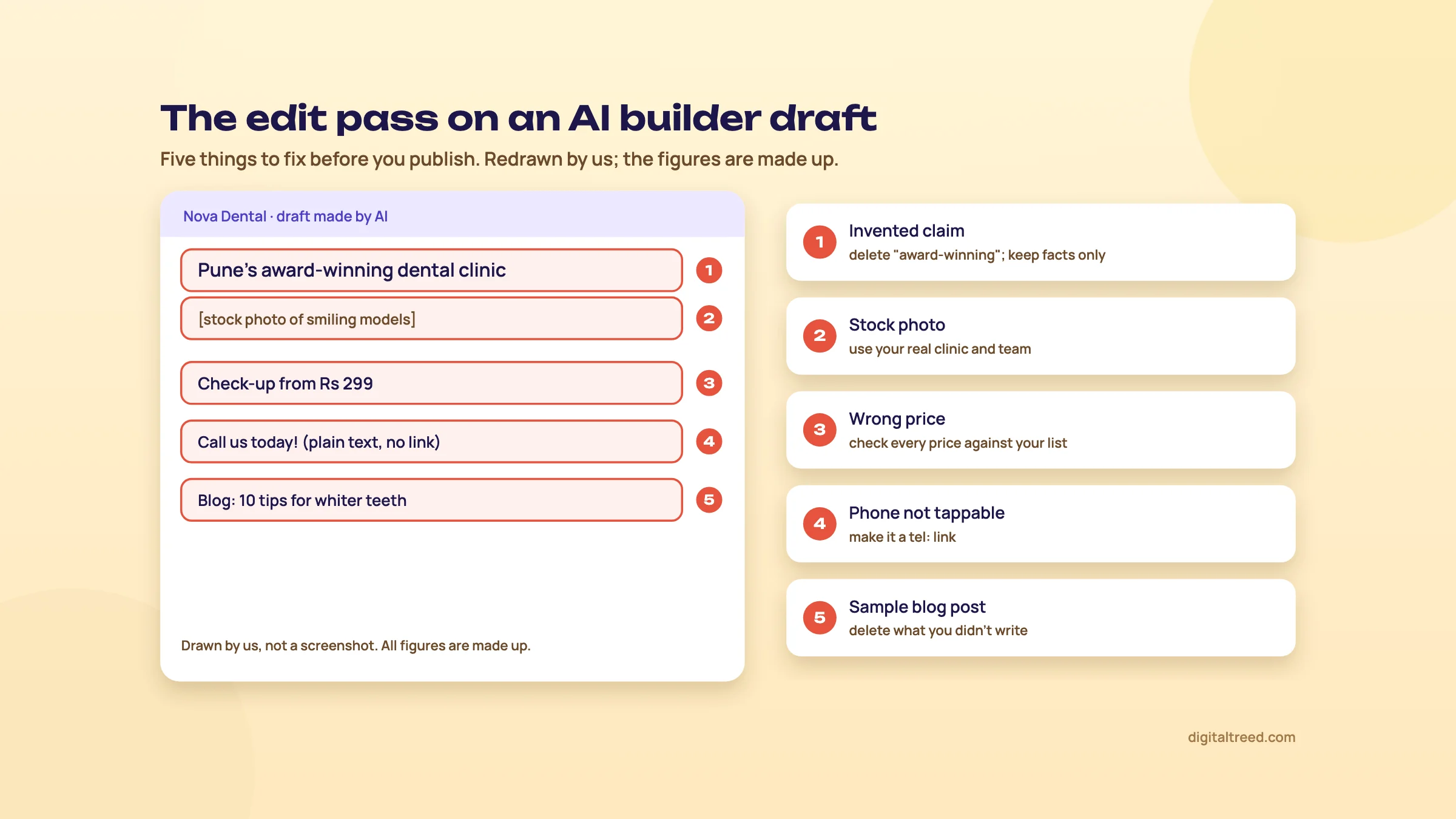 A redrawn AI builder draft of a clinic home page with five problems marked: an invented award claim, a stock photo, a wrong price, a phone number that isn't a link and a sample blog post, each with its fix.