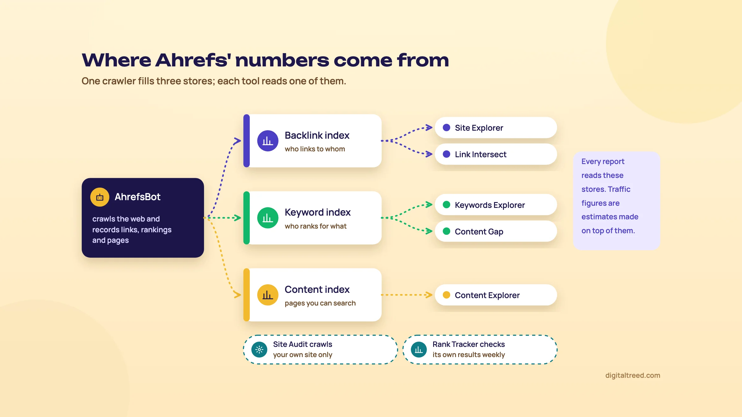 Diagram: AhrefsBot fills a backlink index, a keyword index and a content index; Site Explorer and Link Intersect read the backlink index, Keywords Explorer and Content Gap the keyword index, Content Explorer the content index, while Rank Tracker checks its own results weekly and Site Audit crawls only your own site