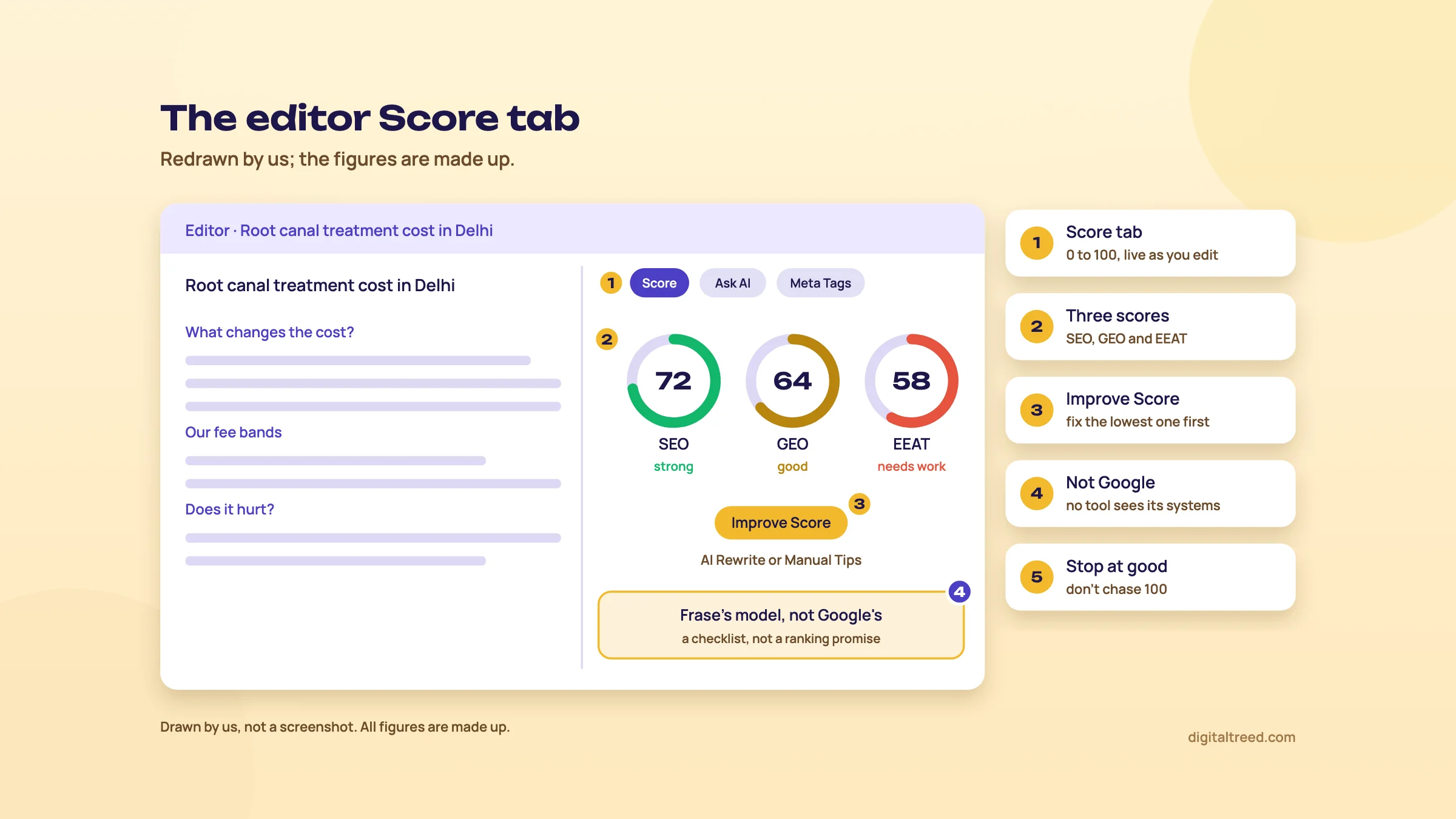 Redrawn Frase editor: a draft titled Root canal treatment cost in Delhi on the left; on the right the Score tab with three dials, SEO 72 in green, GEO 64 in yellow and EEAT 58 in red, an Improve Score button offering AI Rewrite or Manual Tips, and a note reading Frase's model, not Google's.