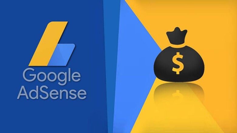 Image featuring the Google AdSense logo on the left with text "Google AdSense" and a blue and yellow background. On the right, there is an icon of a money bag with a dollar sign. The background of the image shifts from blue to yellow towards the right.