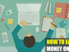 Illustration of a person working at a cluttered desk with a laptop, stationery, and papers. Text in the image reads "How to Earn Money Online.